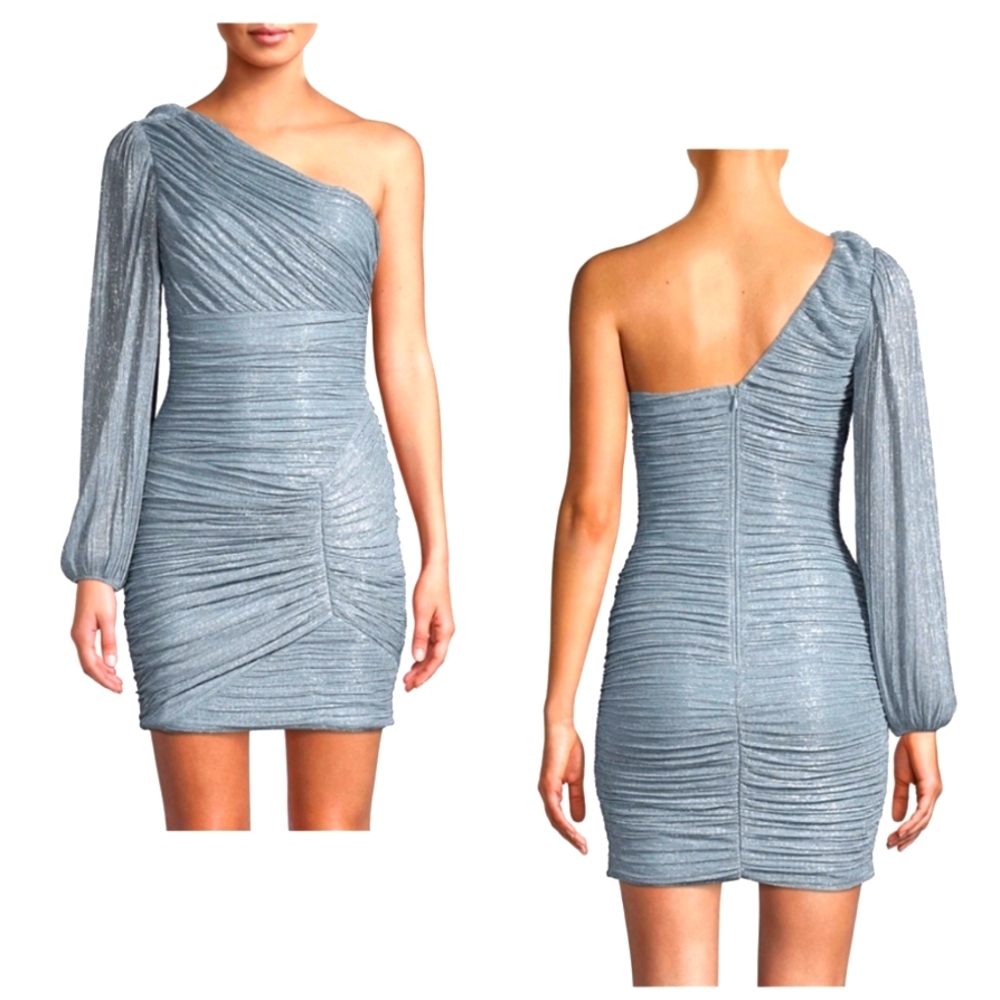 BCBGMaxAzria Blue Asymmetrical Ruched One Shoulder Dress